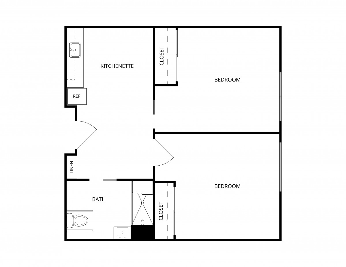 This is a floor plan of a two-bedroom apartment with a kitchen, bathroom, and closet space.