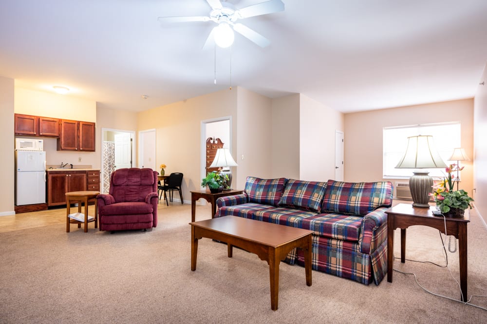 A cozy living room with a plaid sofa, an armchair, and wooden furniture.