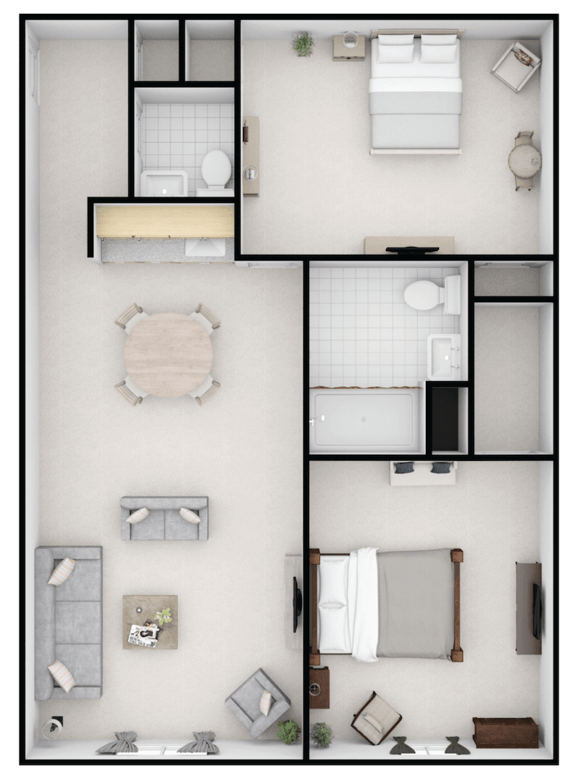 A top-view floor plan of an apartment with labeled rooms including a living area, bedrooms, kitchen, and bathrooms.