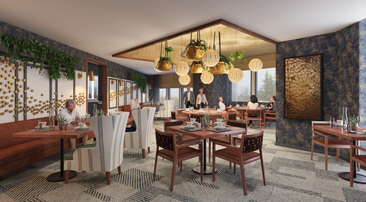 A modern restaurant interior with stylish decor, featuring wooden furniture and hanging lights.