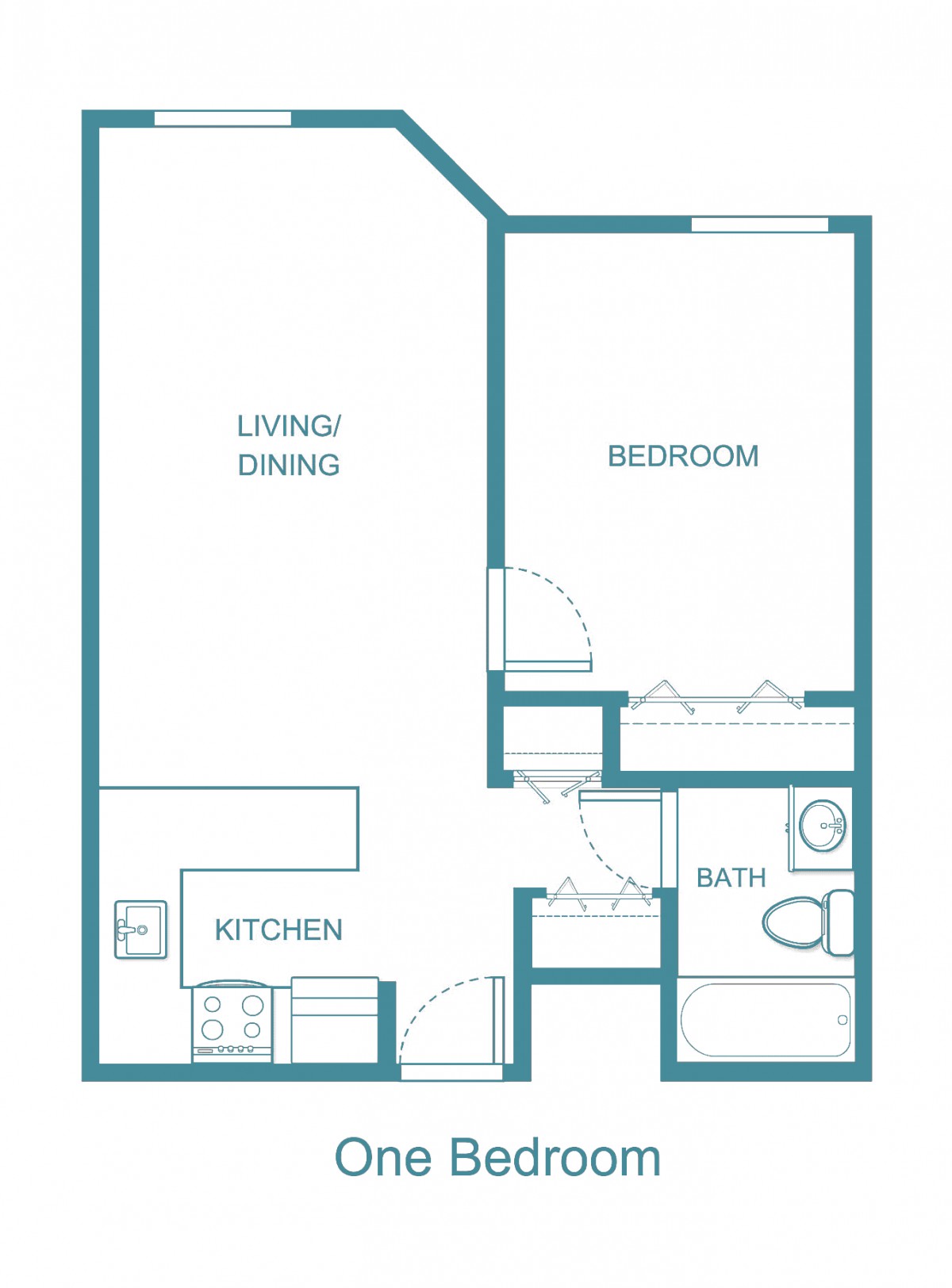 A simple floor plan of a one-bedroom apartment featuring a living/dining area, kitchen, and bathroom.