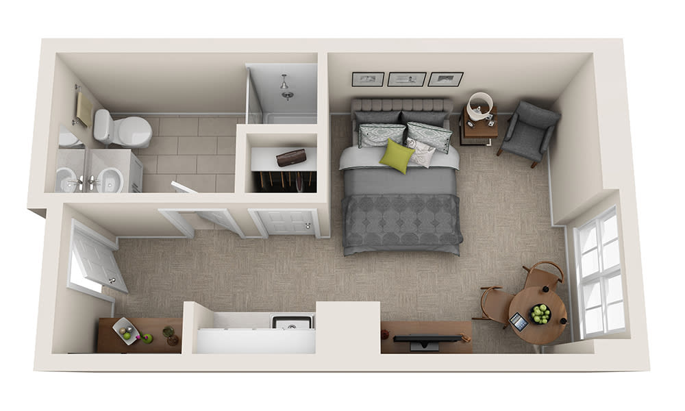 A 3D rendered floor plan featuring a bedroom and an adjacent bathroom.