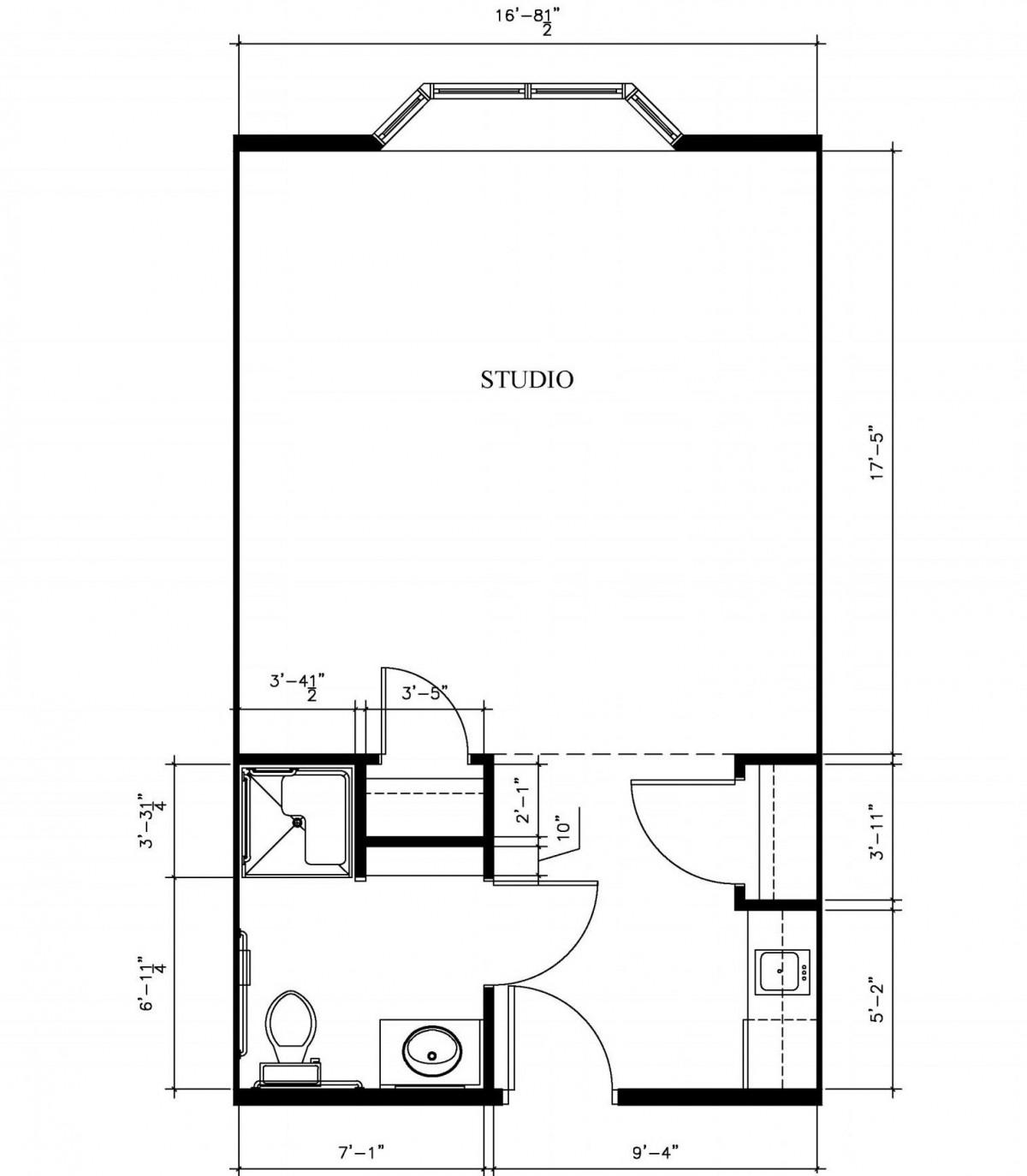 A floor plan of a studio apartment, showing room dimensions and layout.