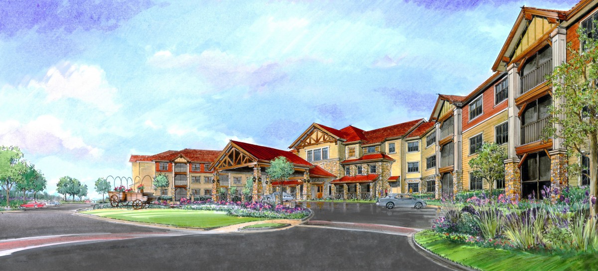 Illustration of a resort-style building with red roofs and landscaped surroundings.