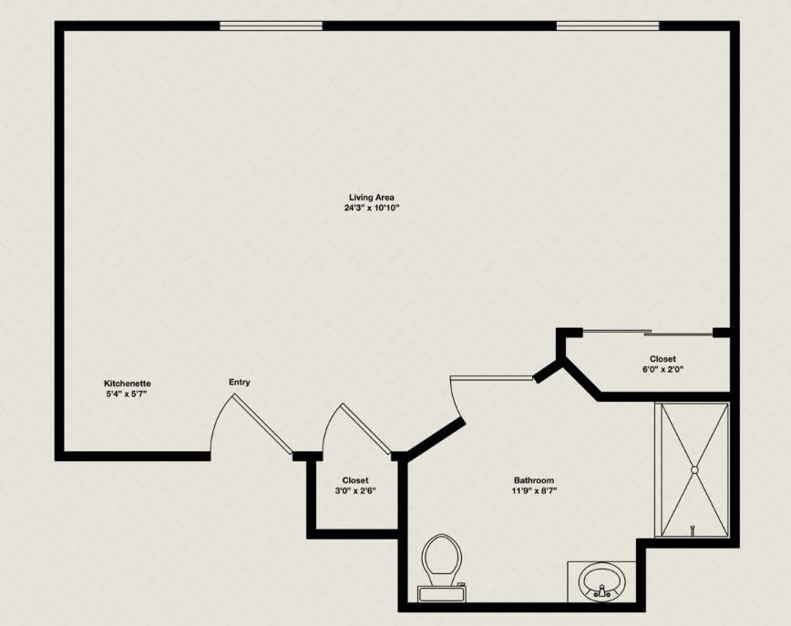 A detailed floor plan showing the layout of a room with dimensions.
