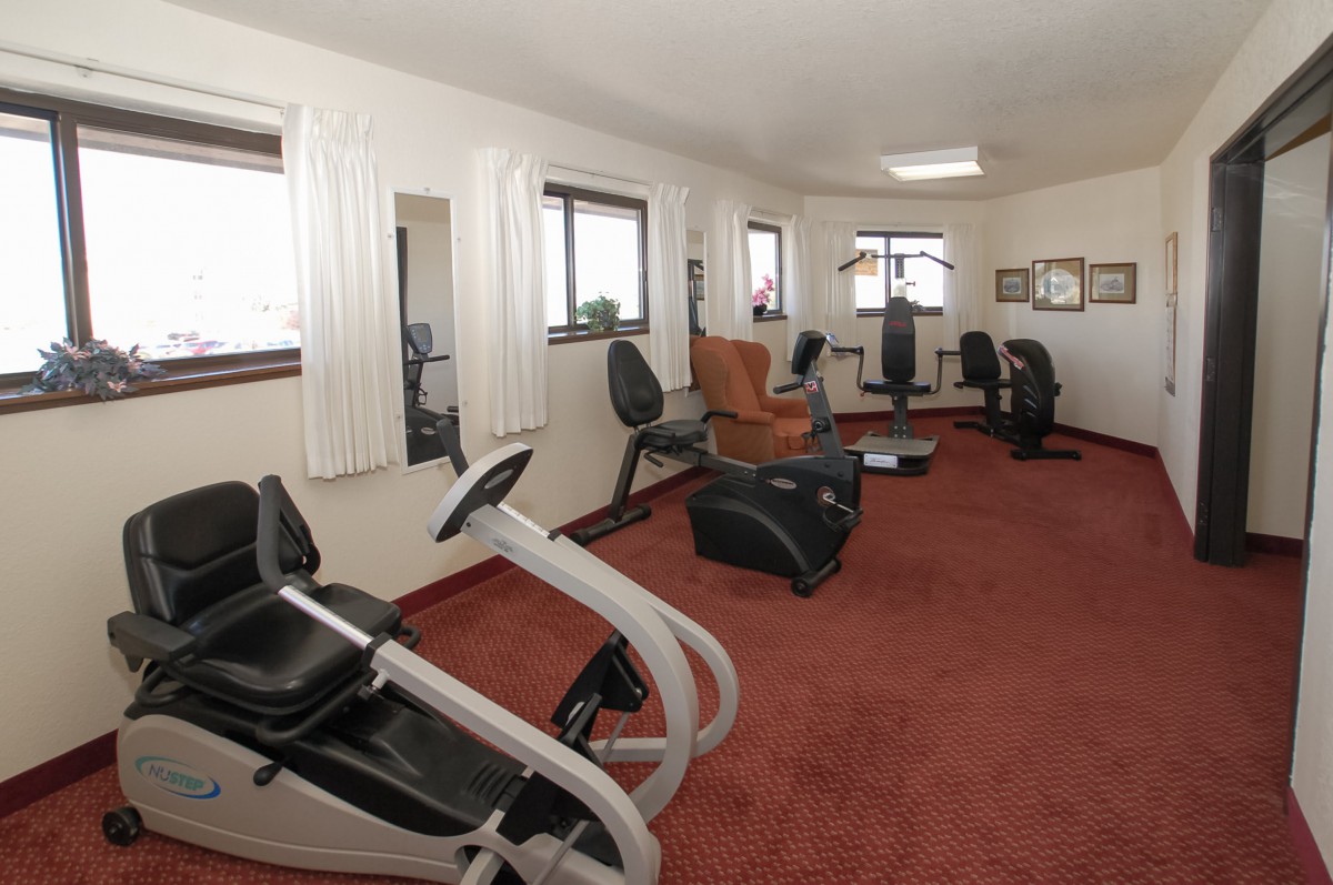 A small gym room equipped with exercise machines on a carpeted floor.