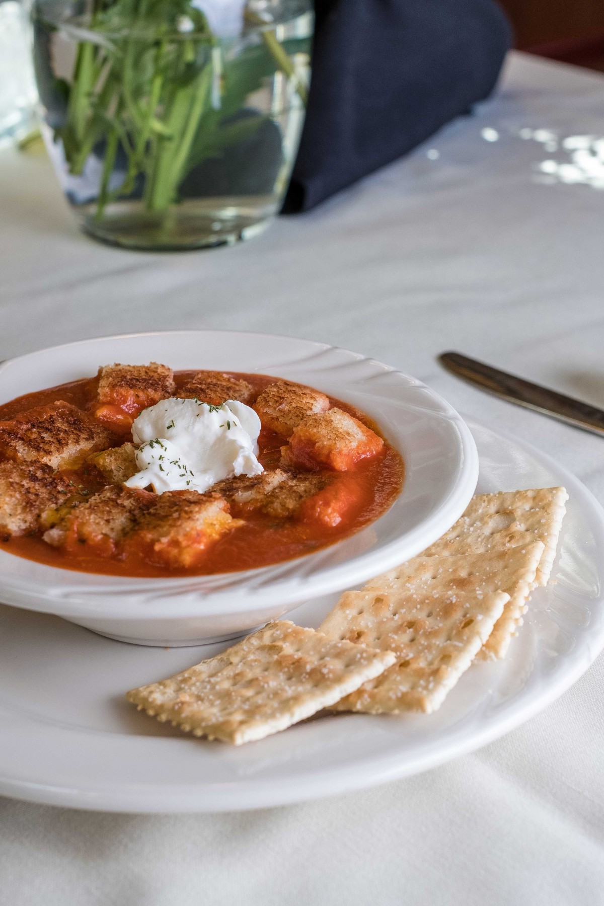 A bowl of soup with a dollop of cream served alongside crisp crackers.
