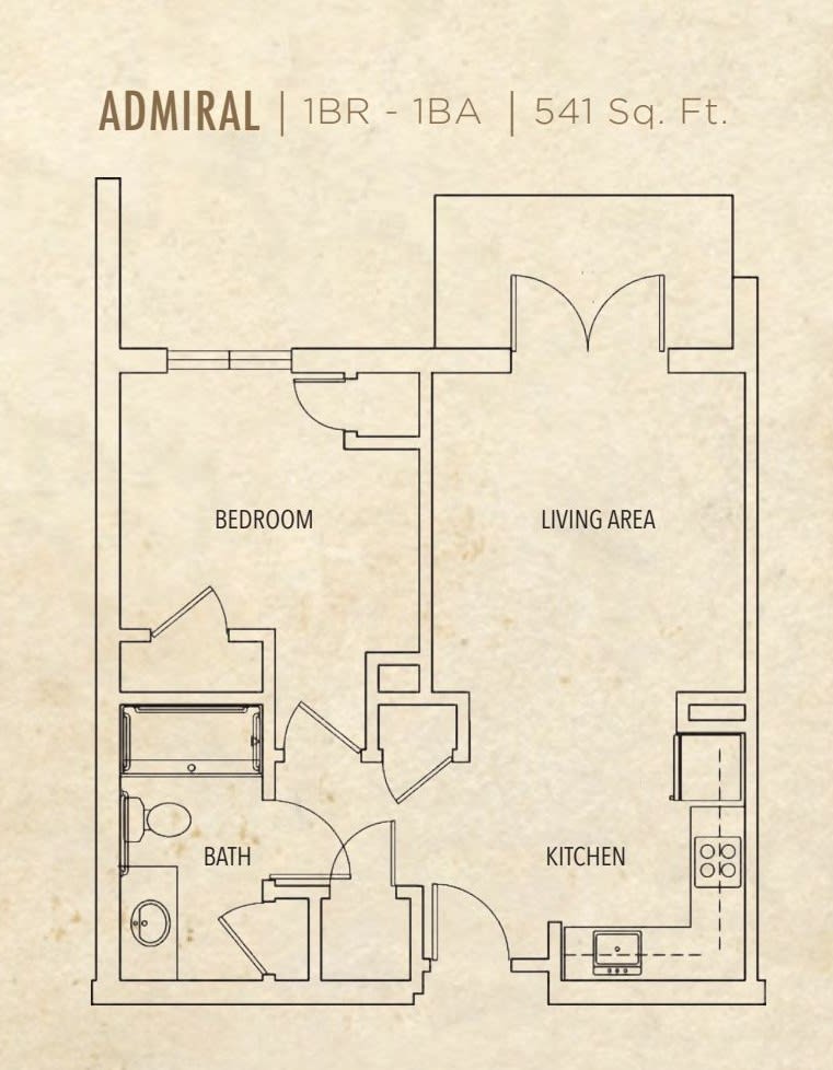 An architectural floor plan of a small apartment, featuring a bedroom, living area, kitchen, and bathroom.