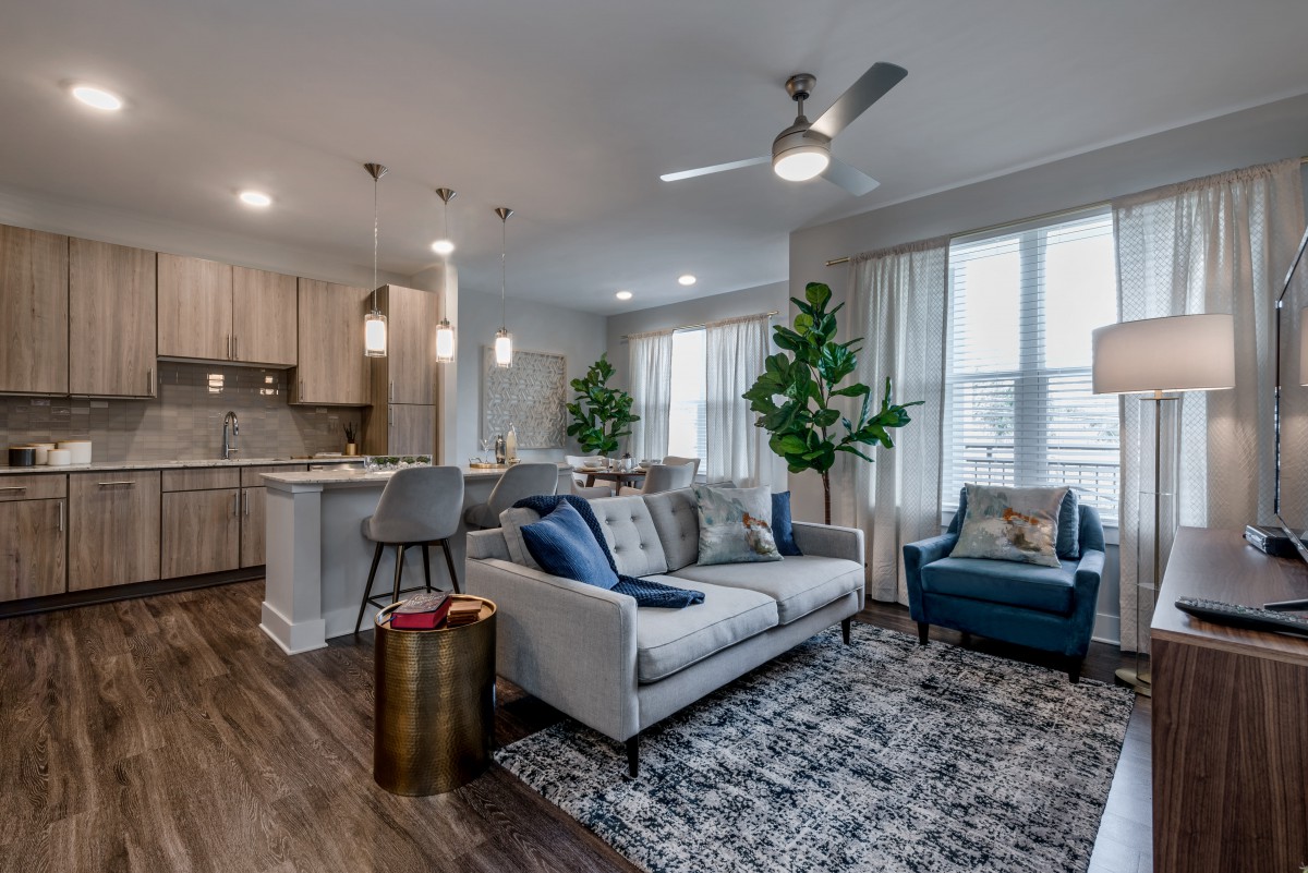 A modern open-concept living room and kitchen area with stylish furnishings, indoor plants, and wood flooring.