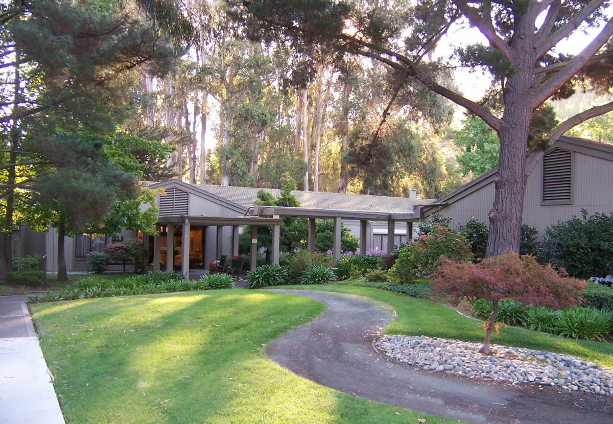 A serene house surrounded by lush greenery and tall trees, with a curved pathway leading to the entrance.