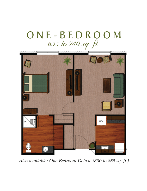 One-bedroom apartment floor plan with designated areas for living, sleeping, and kitchen.
