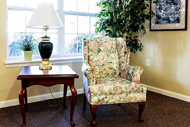 A cozy living room corner with a floral-patterned armchair, a side table holding a lamp, and an indoor plant by the window.