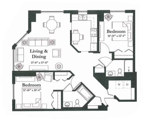 A two-bedroom apartment floor plan with designated living, dining, and kitchen areas.