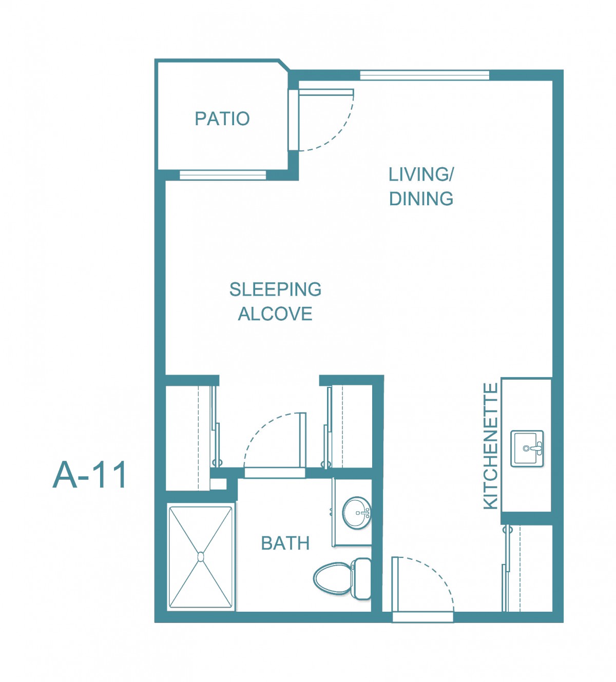 Studio apartment floor plan with bathroom, kitchenette, living/dining area, bedroom alcove, and patio.