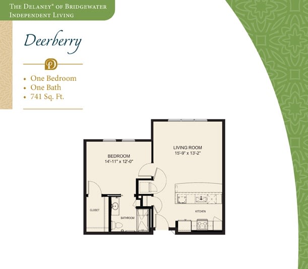 This image shows the floor plan of a one-bedroom apartment named 'Deerberry', featuring a living room, kitchen, and bathroom.