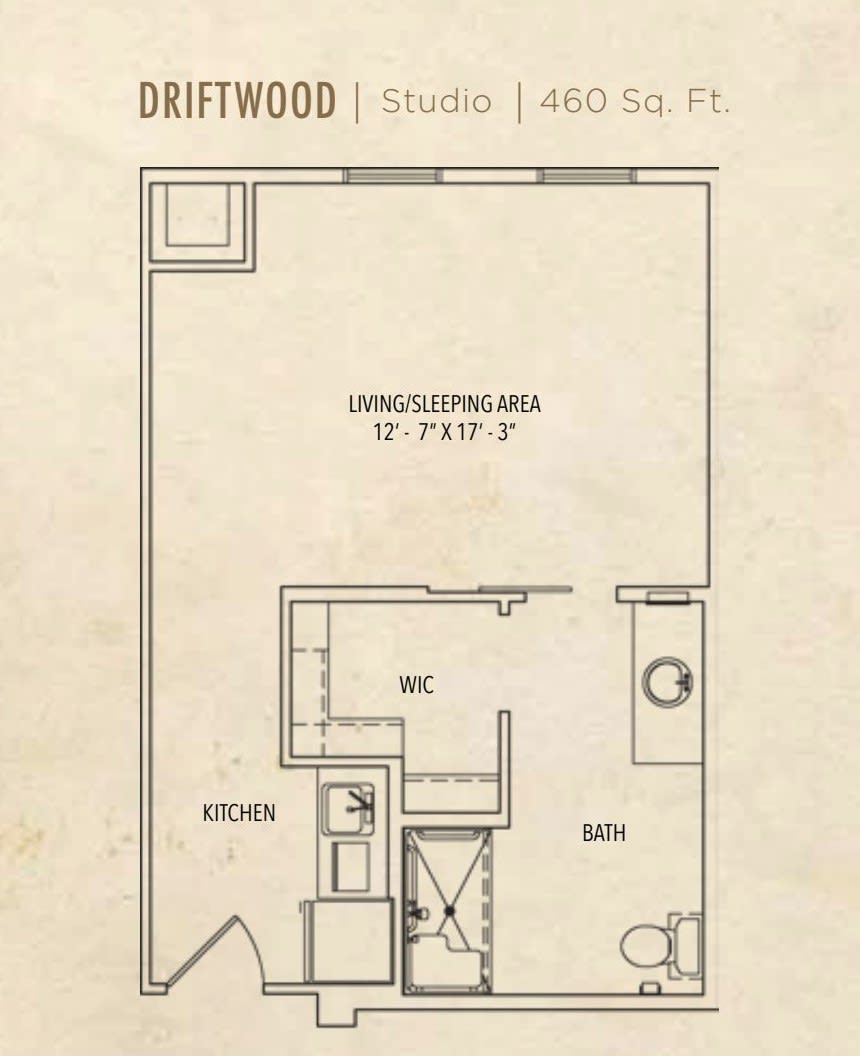 A floor plan of a studio apartment showing the layout and room dimensions.