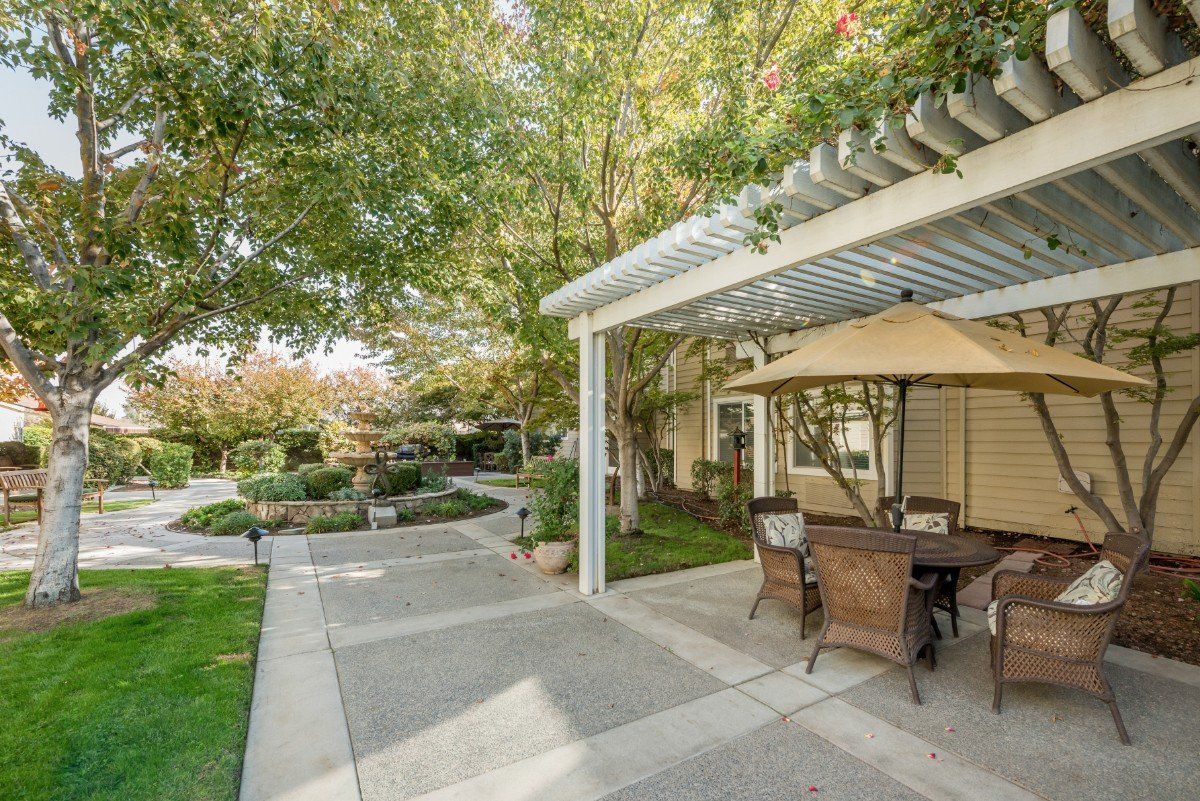 A serene outdoor patio area with a pergola and garden furniture, surrounded by trees and greenery.