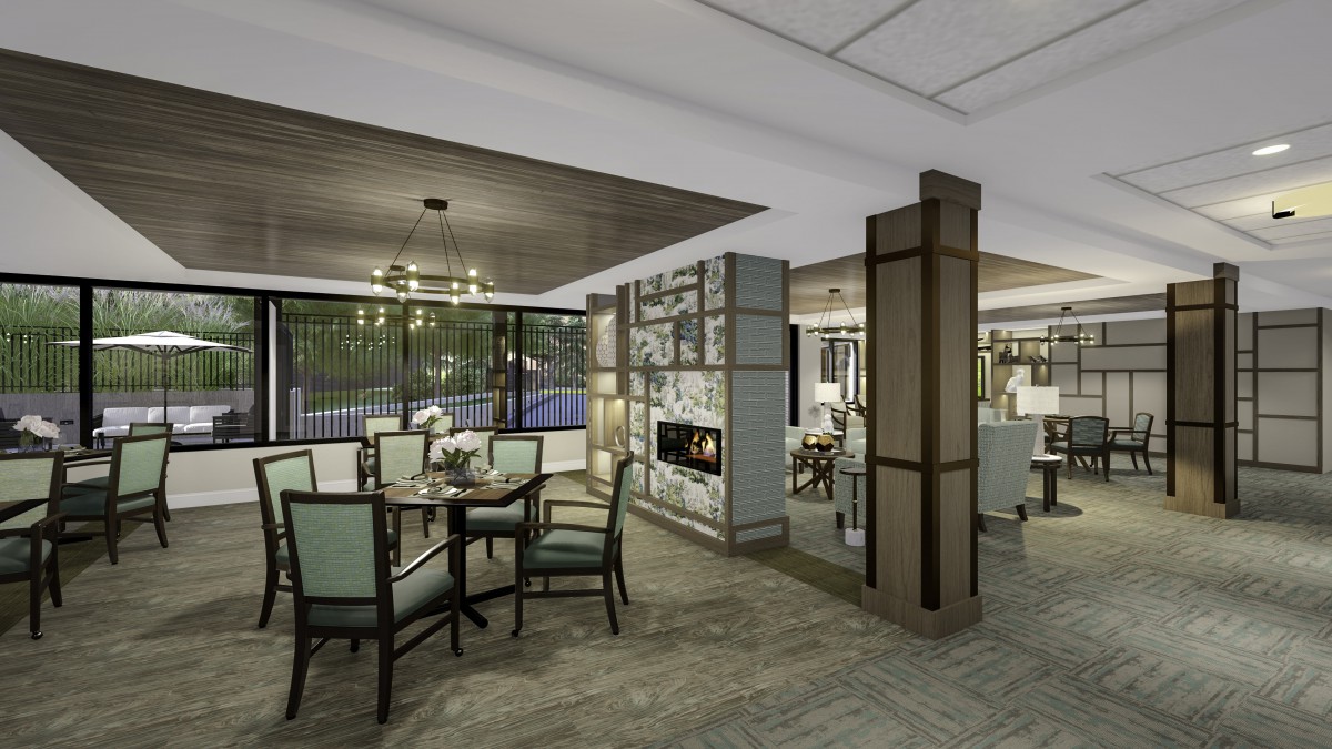 A modern dining area with elegant furniture and a cozy fireplace.