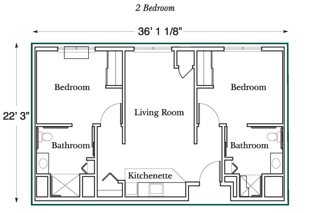 A floor plan of a 2-bedroom apartment featuring a central living room, kitchenette, and two bathrooms.