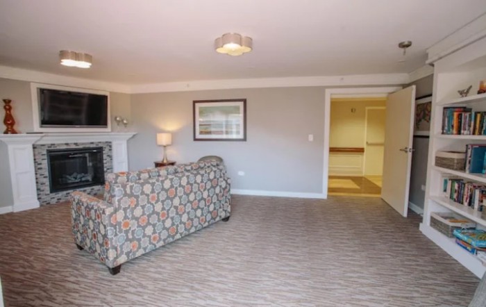 A cozy living room with a patterned sofa, fireplace, and carpeted flooring.