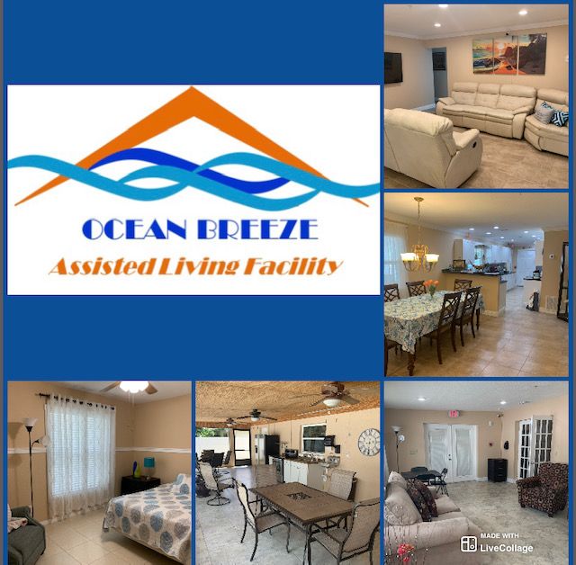 Collage of the interior spaces at Ocean Breeze Assisted Living Facility, showcasing the living room, kitchen, and dining areas.