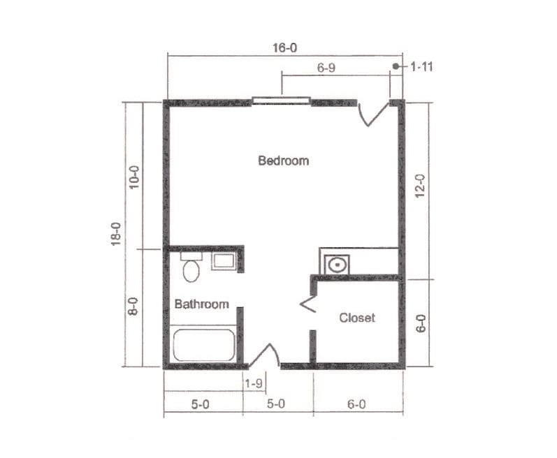 A simple floor plan layout featuring a bedroom, bathroom, and closet.