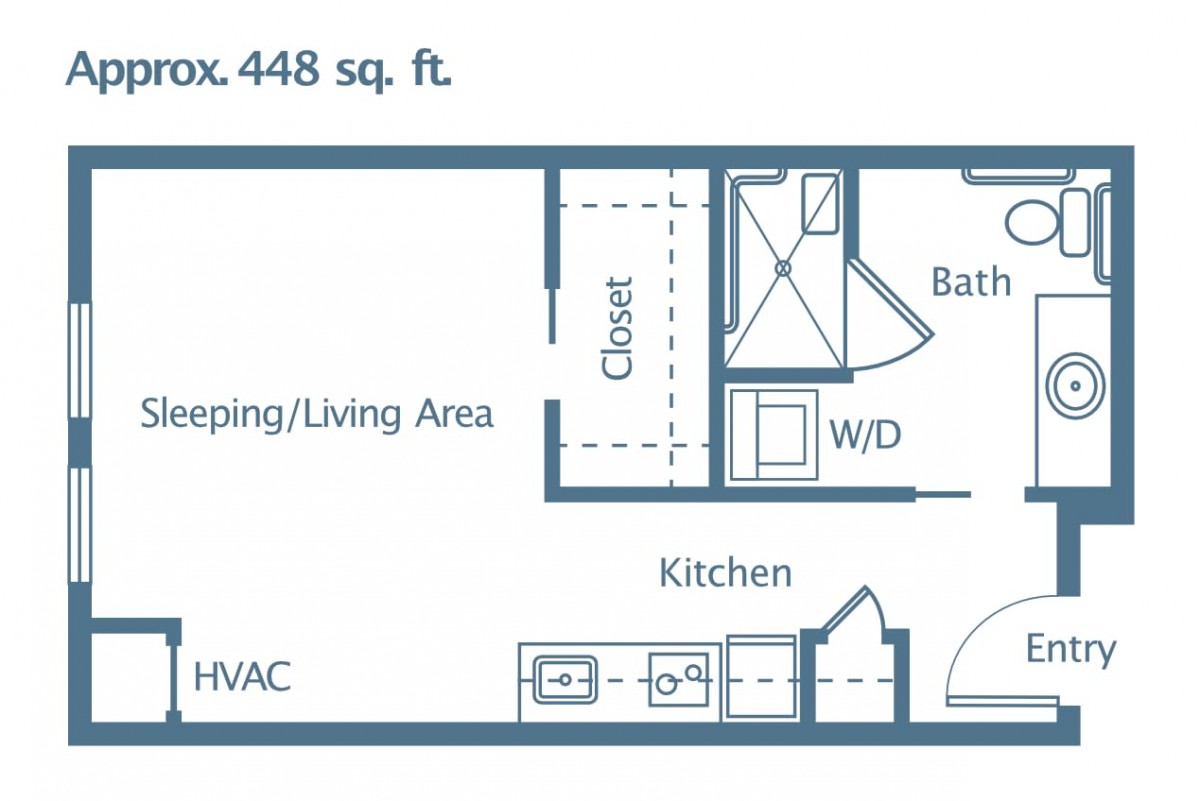 Floor plan of a studio apartment approximately 448 square feet.