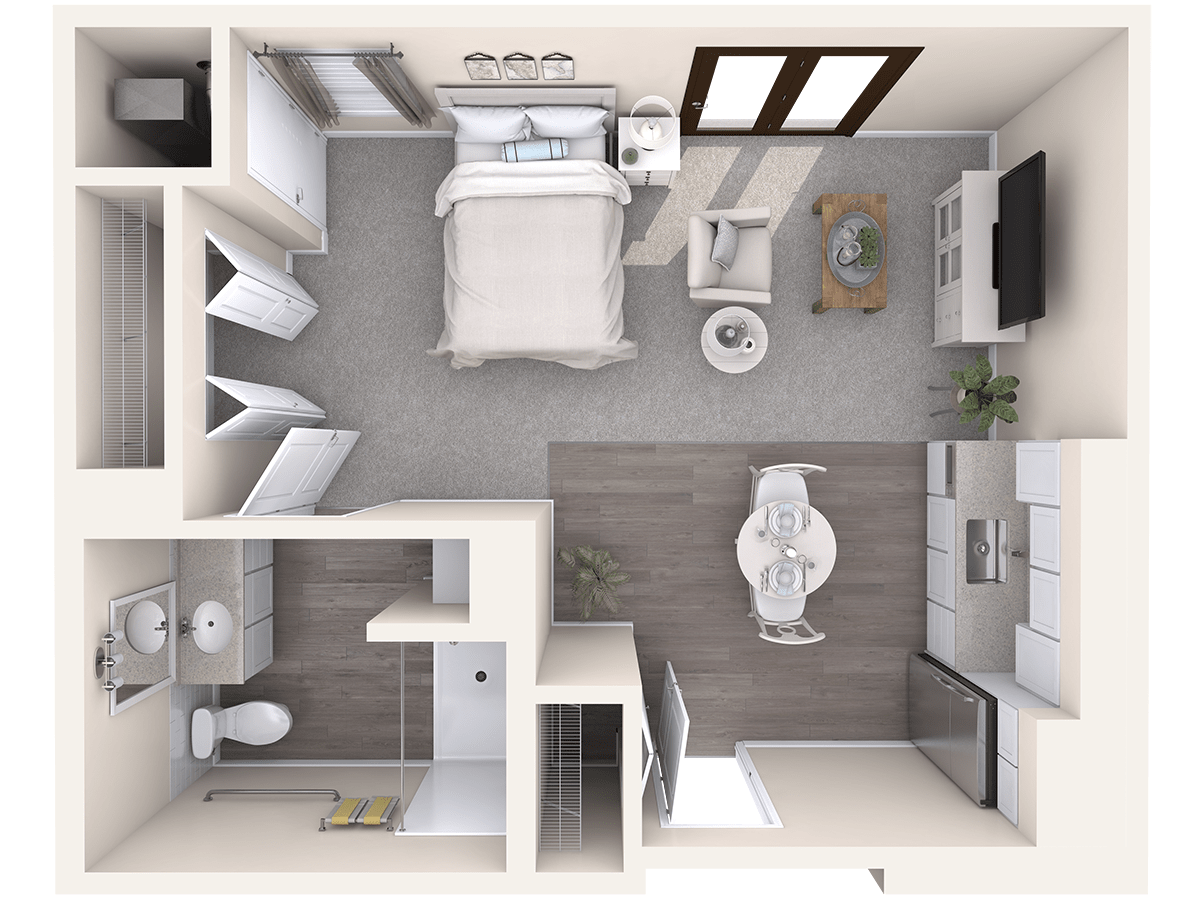 A detailed floor plan of a one-bedroom apartment, featuring a living area, kitchen, bathroom, and closet space.
