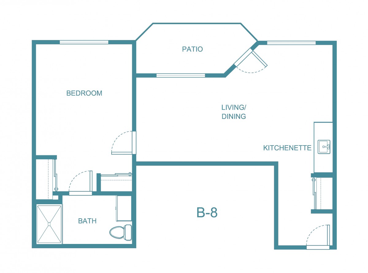 A floor plan of an apartment featuring a bedroom, living/dining area, kitchenette, bathroom, and patio.