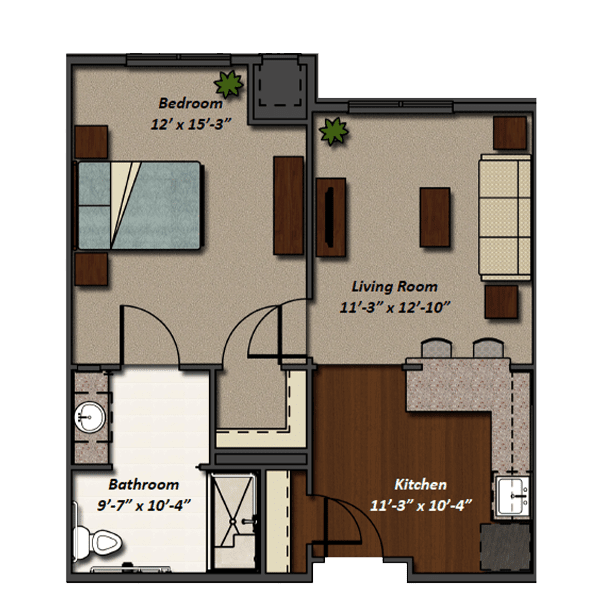 A floor plan of a one-bedroom apartment featuring a living room, kitchen, and bathroom.
