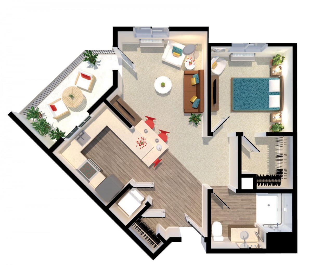 A detailed floor plan of a one-bedroom apartment featuring a living room, kitchen, bathroom, and balcony.