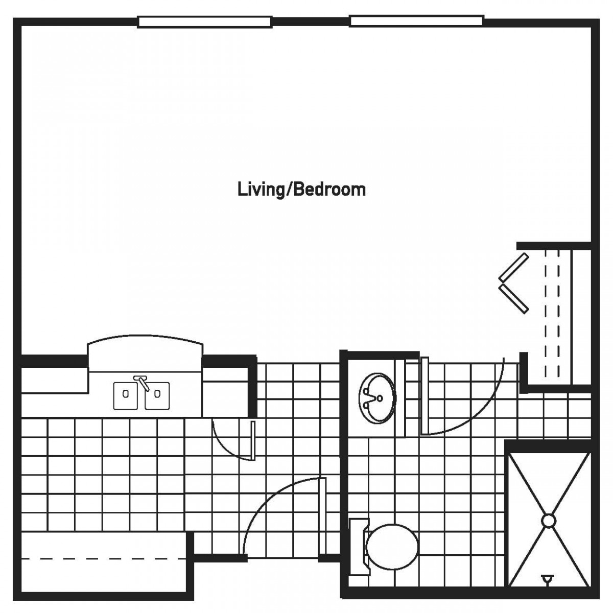 A floor plan of a studio apartment featuring a combined living and bedroom area, kitchen, and bathroom.