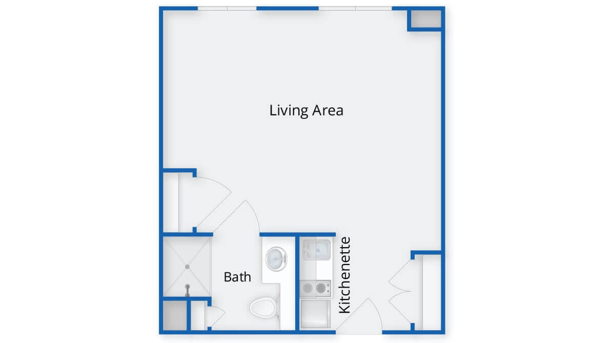 Studio apartment floor plan with living area, kitchenette, and bathroom.