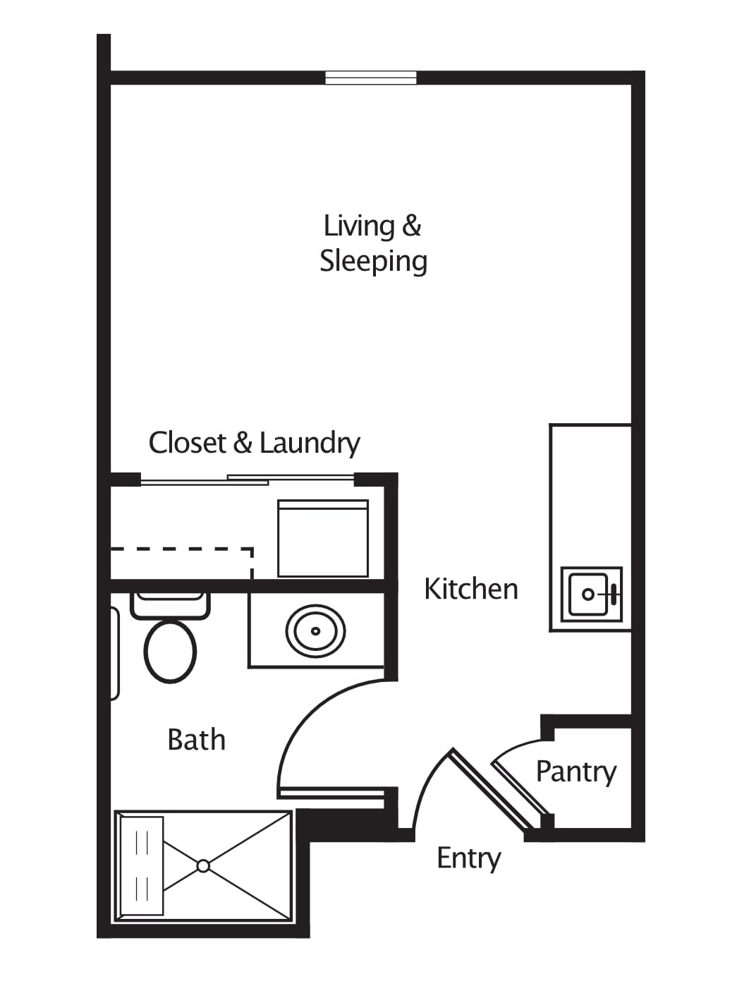 A floor plan of a studio apartment featuring a living and sleeping area, kitchen, bathroom, closet with laundry, and pantry.