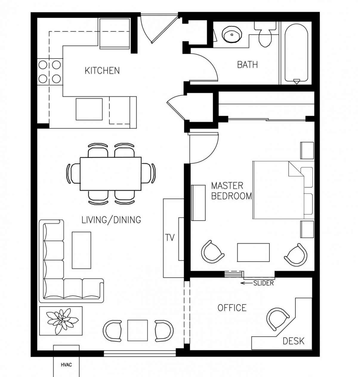 A floor plan of an apartment featuring a kitchen, living/dining area, master bedroom, office, and bath.
