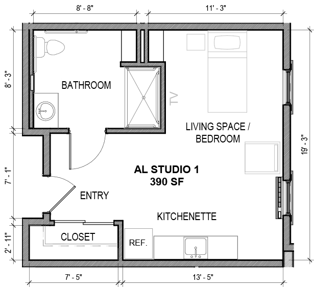 A floor plan of a studio apartment featuring a living space/bedroom, kitchenette, bathroom, closet, and entry.