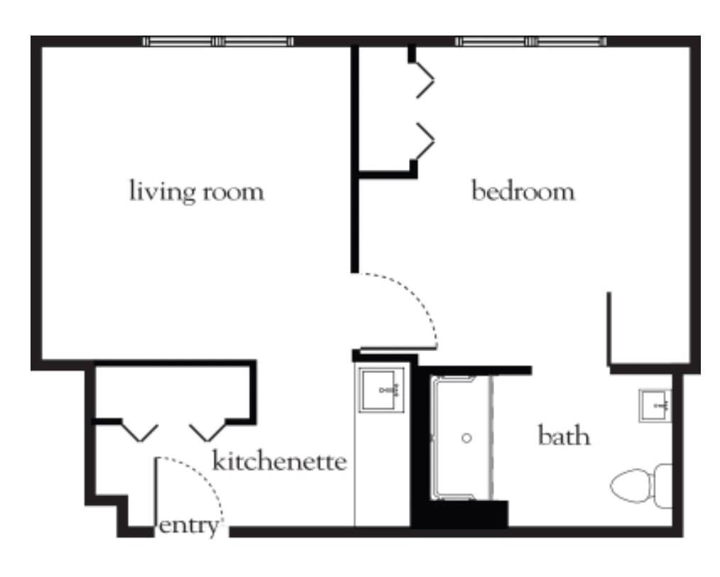 A simple apartment floor plan featuring a living room, bedroom, kitchenette, and bathroom.