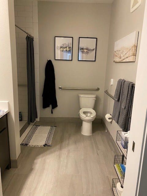 A modern bathroom with a toilet, shower, and decorative elements.
