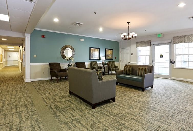 A modern lobby with comfortable seating and elegant decor.
