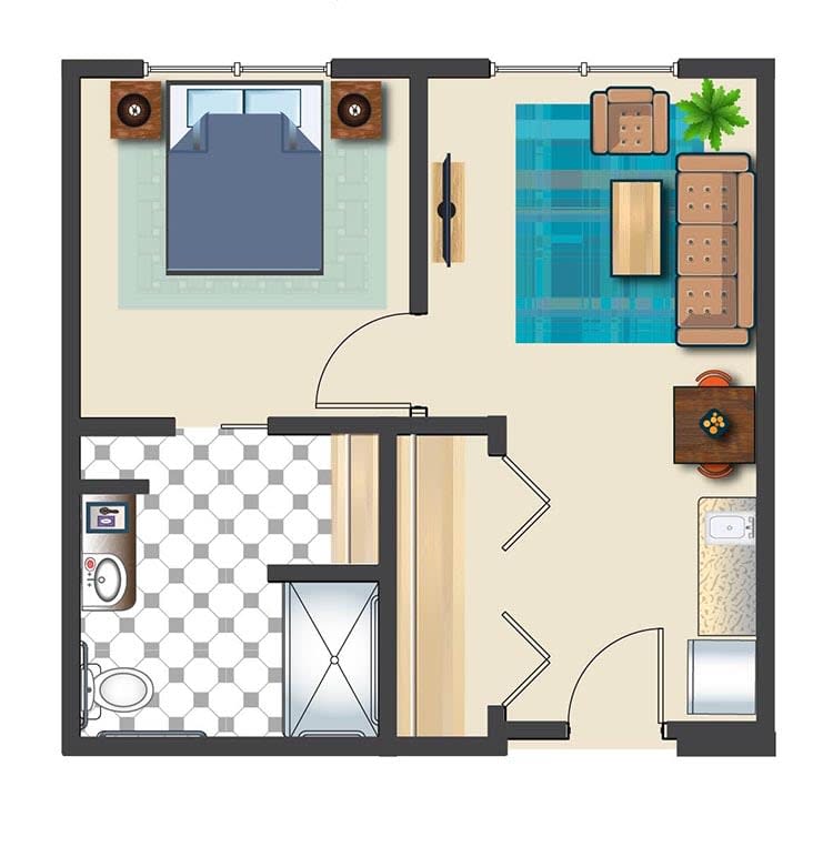 A simple one-bedroom apartment floor plan with a living room and bathroom.