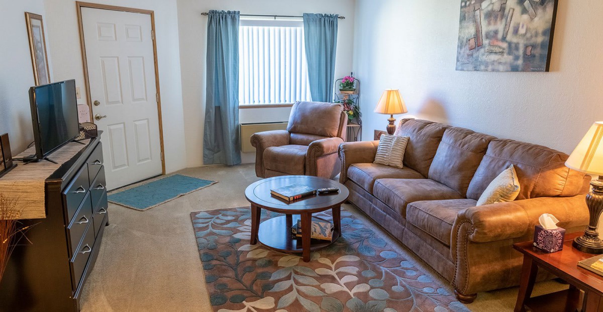 A cozy living room with a sofa, armchair, coffee table, and lamp.