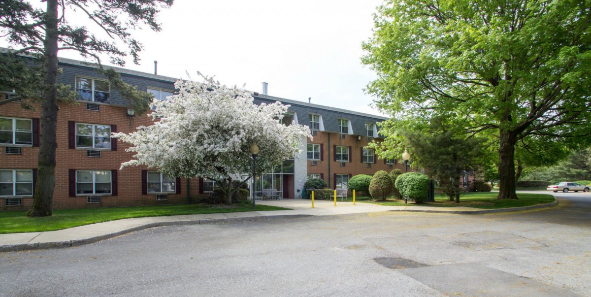 A residential building surrounded by blooming trees in springtime.