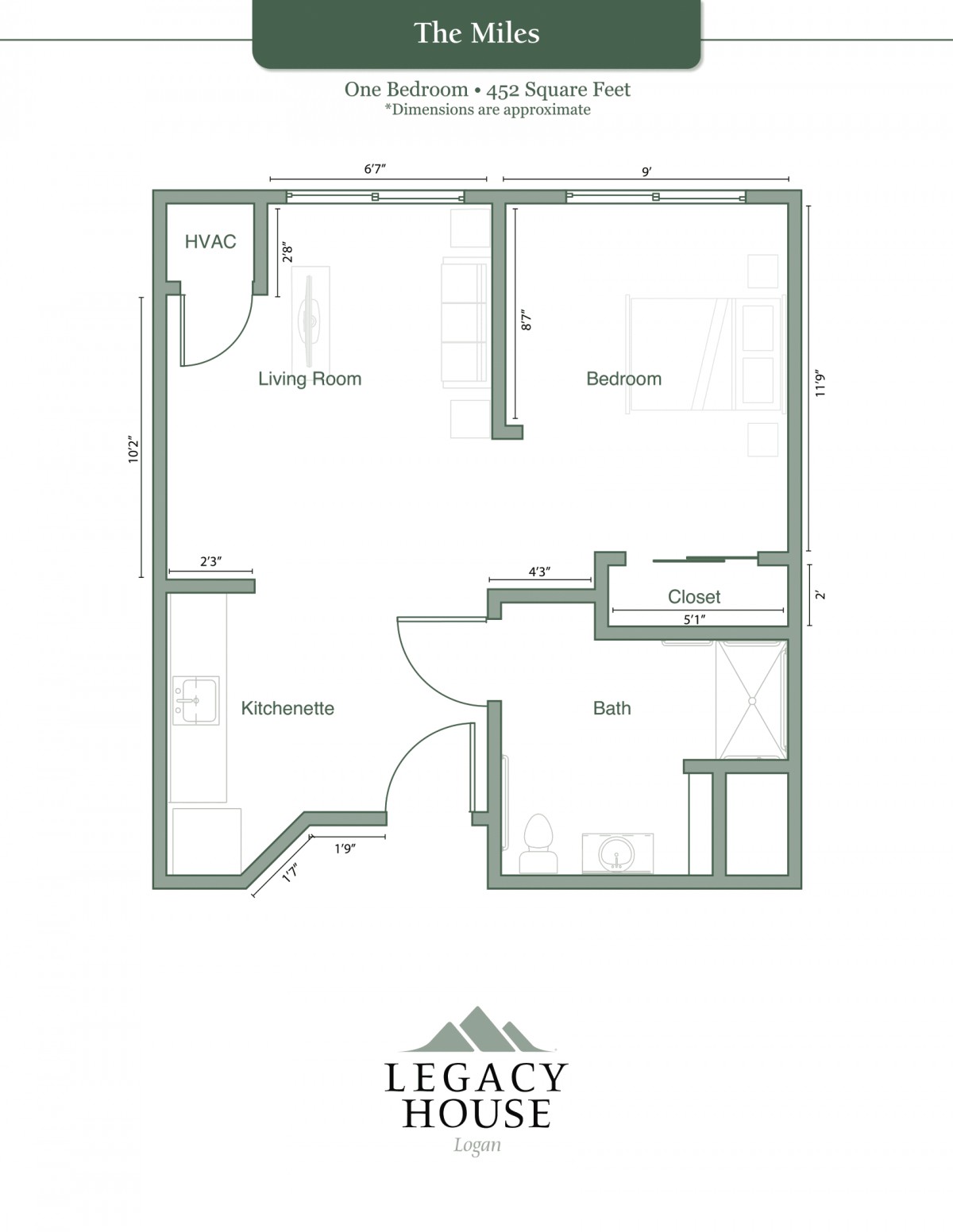 A floor plan of an apartment featuring a living room, bedroom, bathroom, and kitchen areas.