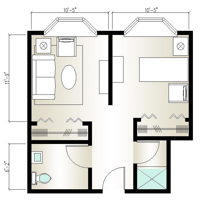 A compact apartment floor plan with two separate living spaces, each featuring a bedroom and bathroom.