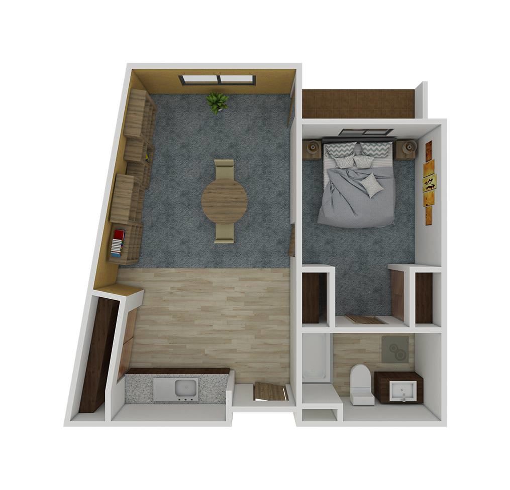 A modern 1-bedroom apartment floor plan with an open living area.