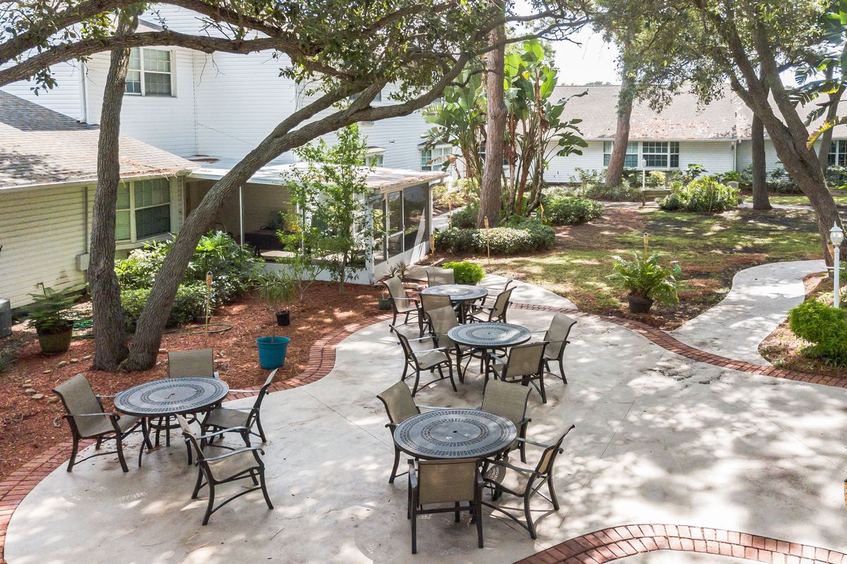 A tranquil outdoor patio with tables and chairs set amidst a garden area, under the shade of large trees.