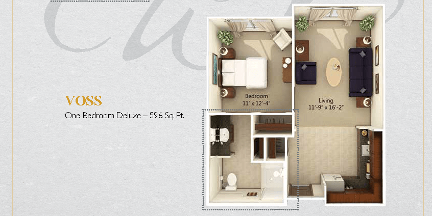 A floor plan layout of a one-bedroom deluxe apartment with living room and bathroom.