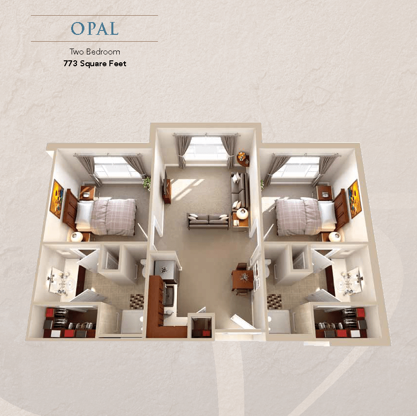 A detailed floor plan of a two-bedroom apartment featuring an efficient and stylish layout.