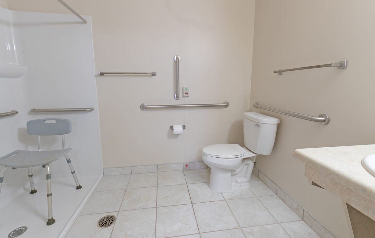 An accessible bathroom featuring a toilet with grab bars and an open shower area.