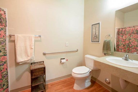 A clean and accessible bathroom with a toilet, sink, handrail, and towel rack.